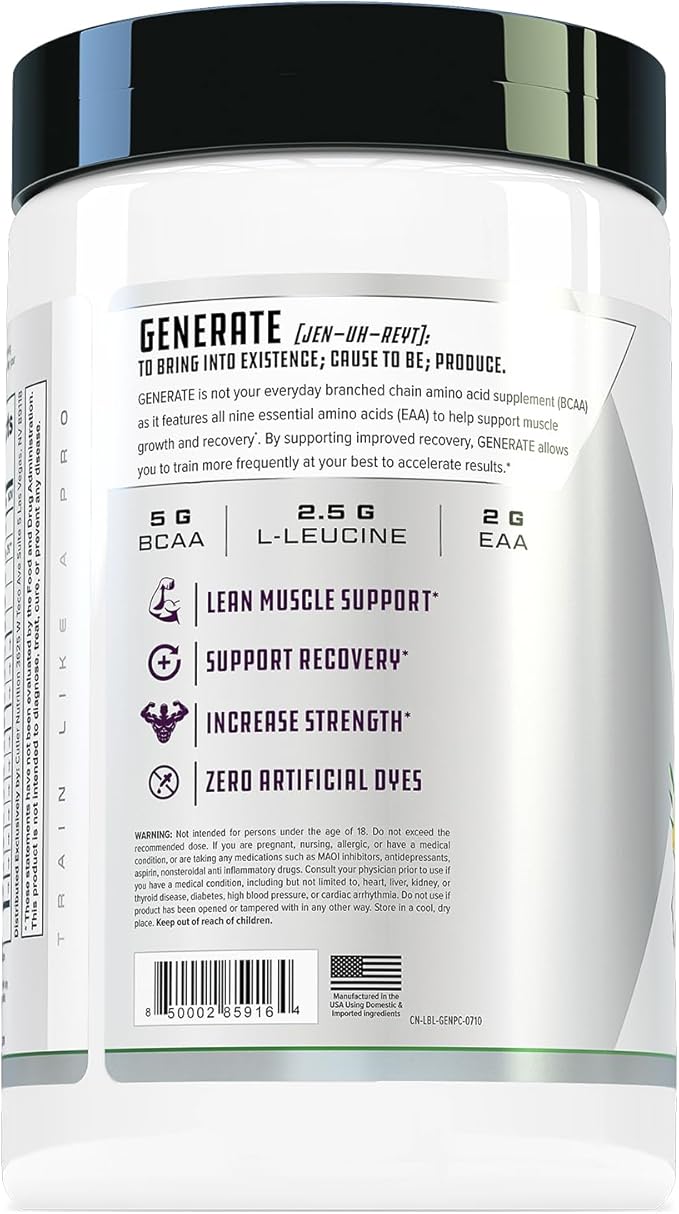 Cutler Nutrition Generate EAA and BCAA Powder: Best Branched Chain Amino Acids Supplement with Essential Amino Acids 5g BCAAs 2g EAAs for Lean Muscle Mass | Pina Colada 30 Servings