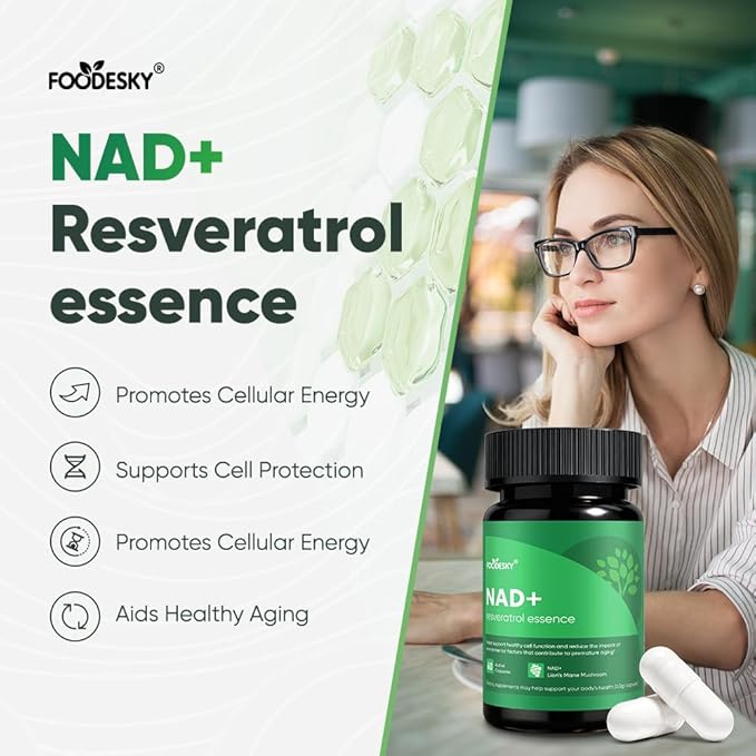 NAD+ Resveratrol Essence Capsules - 5mg NAD+ &amp Lion's Mane Mushroom - Supports Healthy Cell Function &amp Daily Wellness - 60 Active Dietary Capsules (2PCS)