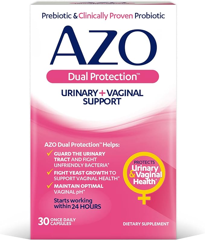 AZO Dual Protection | Urinary + Vaginal Support* | Prebiotic Plus Clinically Proven Women's Probiotic 30 Count &amp Complete Feminine Balance Daily Probiotics for Women