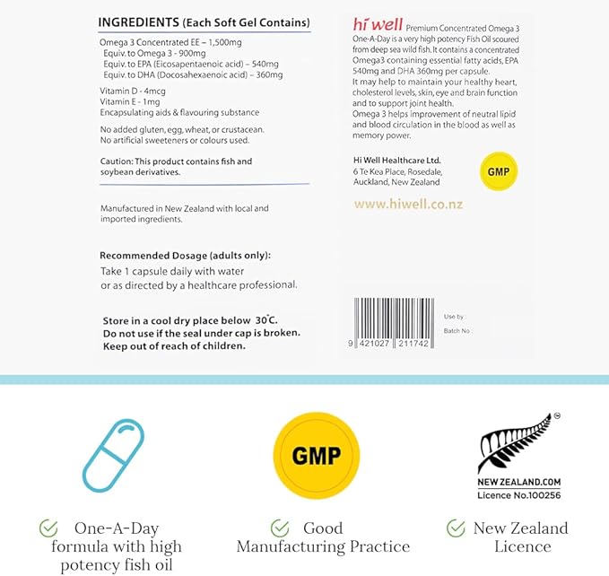 (Pack of 2) Hi Well Premium Omega 3 1500mg One A Day 90 Softgels