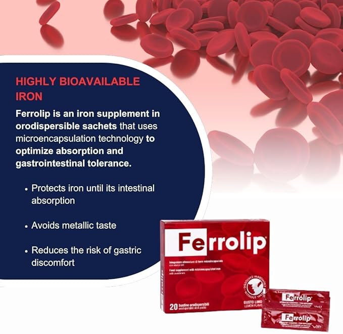 Ferrolip Iron Supplement for Women Men and Kids (20 Lemon Flavored Soluble Sachets) - Gastrointestinal Comfort and No Metallic Taste - Vegan and Gluten Free
