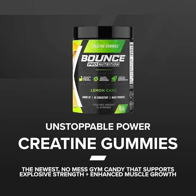 Bounce Pro Creatine Monohydrate Gummies for Men &amp Women Low Calorie 6G of Creatine per Serving Vegan Anti-Melting Gluten-Free Non-GMO (51 Count (Pack of 1) Lemon Cake)