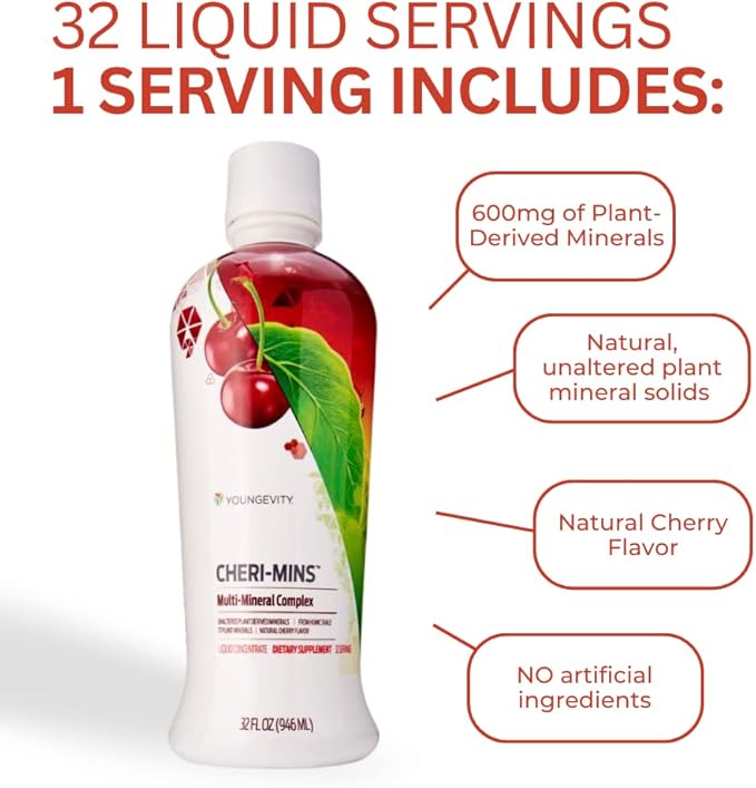 Youngevity Cheri-Mins™ Plant Derived Liquid Minerals - Great Tasting Formula - 77+ Natural Unaltered Trace Minerals - Colloidal Form Humic Shale (32 Fl Oz - Pack of 2)