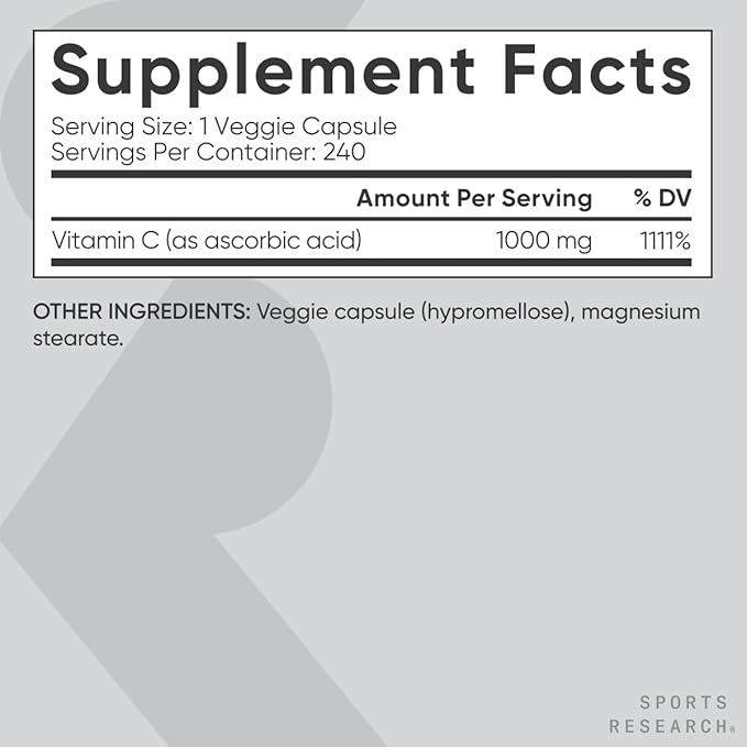 Sports Research High Potency Vitamin C Supplement - Vegan Veggie Capsules for Antioxidant Activity &amp Immune Support - Non-GMO Verified &amp Gluten Free - Ascorbic Acid Vitamin C 1000mg 240 Count