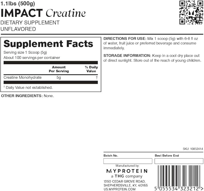 Myprotein Creatine Monohydrate Powder 100 Servings (1.1lbs) Pure Unflavored Creatine Powder Post/Pre Workout Supplement for All Sports &amp Exercises