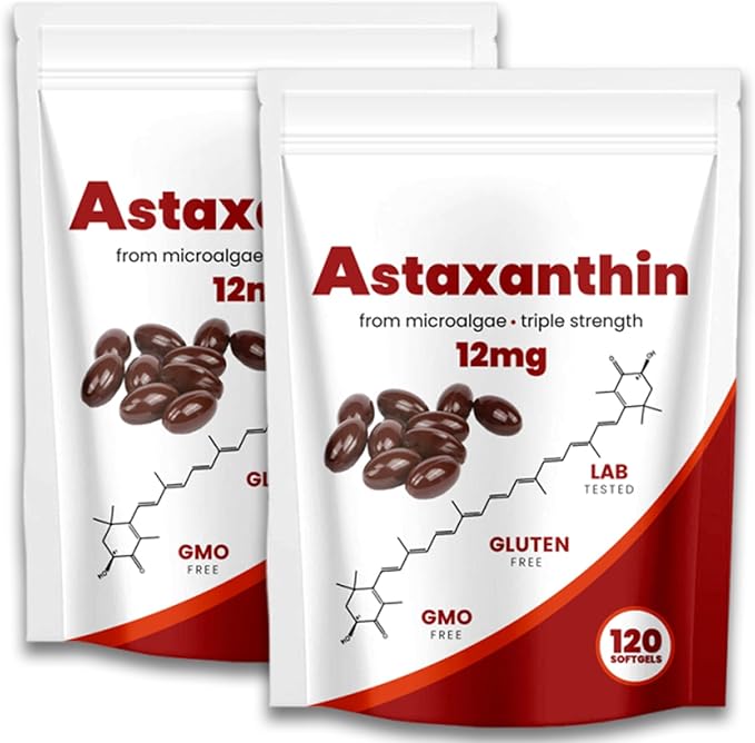 Astaxanthin 12mg Natural Antioxidant Supports Immune Fresh Microalgae for Skin Eye and Internal Circulation Health 120 Softgels (01 02#)