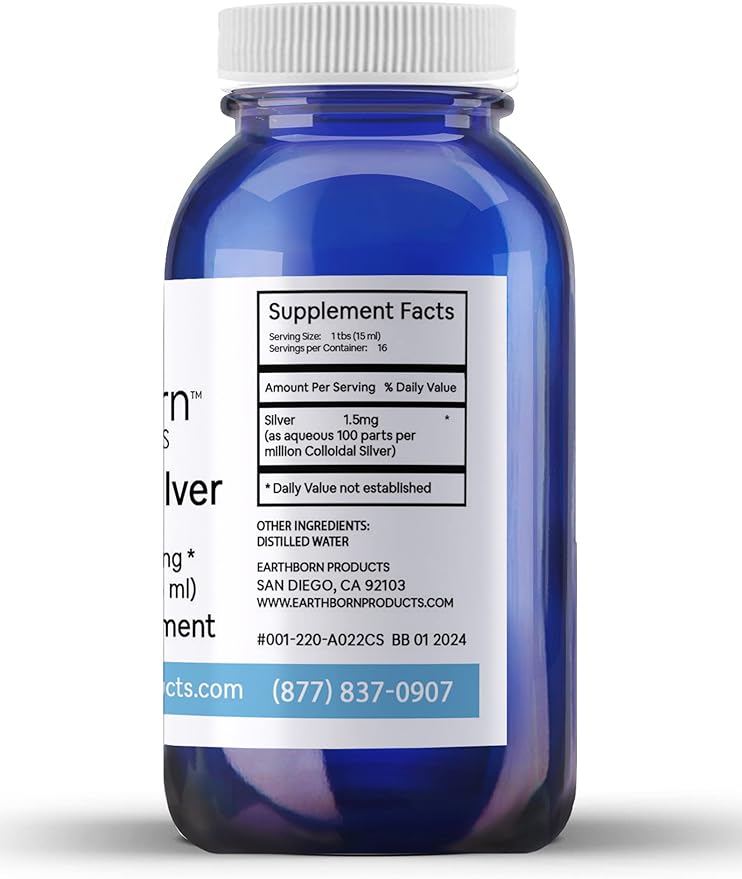 Earthborn Colloidal Silver Liquid (8oz) - 100PPM Pure Monatomic Silver Water - 99.9% Natural Nano Silver Liquid Supplement for Immune Support* Non-GMO Glass Bottle | Made in USA