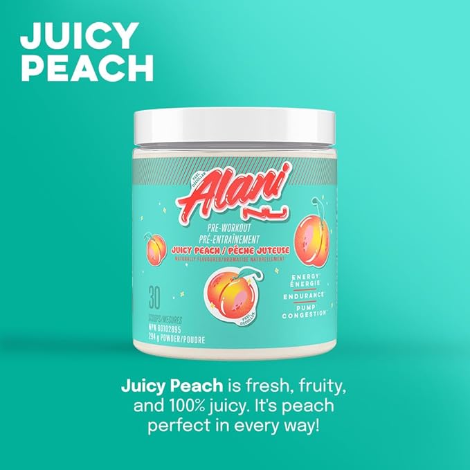 Alani Nu Pre Workout Powder Juicy Peach Amino Energy Boost Endurance Supplement Sugar Free 200mg Caffeine L-Theanine Beta-Alanine Citrulline 30 Servings