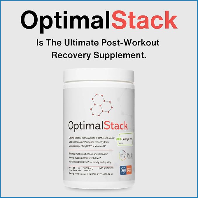 OptimalStack Creatine Monohydrate HMB &amp Vitamin D3 Stack | with Creapure Creatine Clinical Dosage of myHMB and Vitamin D3 | NSF for Sport Certified | Unflavored 30 Servings