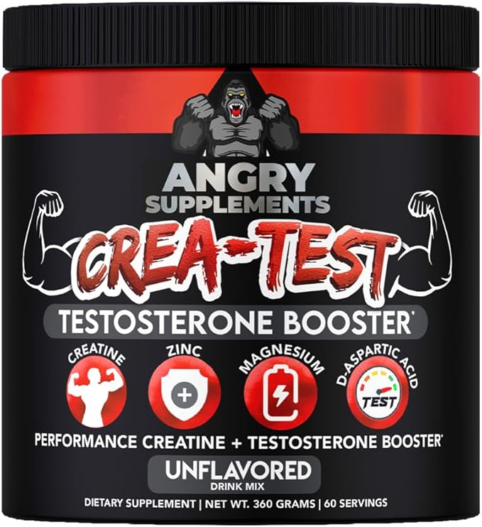 Angry Supplements Crea-Test 100% Creatine Monohydrate + Test Booster Powder for Monster Test Men w. D-Aspartic Acid Zinc &amp Magnesium Unflavored Drink Mix (360 Grams 60 Servings)