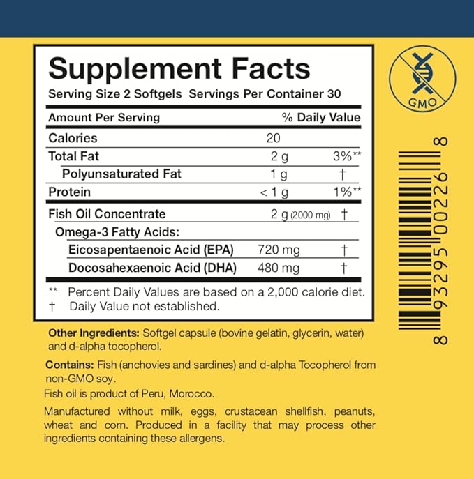 Researched Nutritionals Omega-3 Plus Fish Oil - EPA DHA Omega 3 Supplement to Support Cardiovascular &amp Brain Health - Molecularly Distilled for Purity &amp Safety (60 Softgels) (Pack of 2)