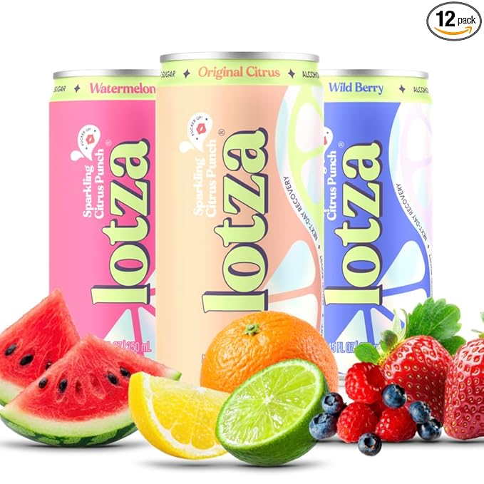 Lotza Sparkling Non-Alcoholic Adaptogen Drink with Electrolytes | Non-Alcoholic Mocktail &amp Drink Mixer| Antioxidants &amp Real Fruit (Pack of 12) Variety Pack
