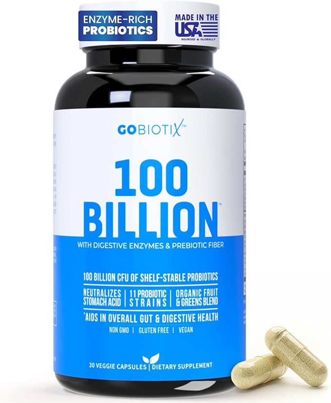 GOBIOTIX 100 Billion - Digestive Enzymes Supplement - Probiotics Multivitamin - Prebiotic Fiber Blend - 100 Billion CFU - Organic Fruit and Greens Blend - Vegan Non GMO - 30 Capsules