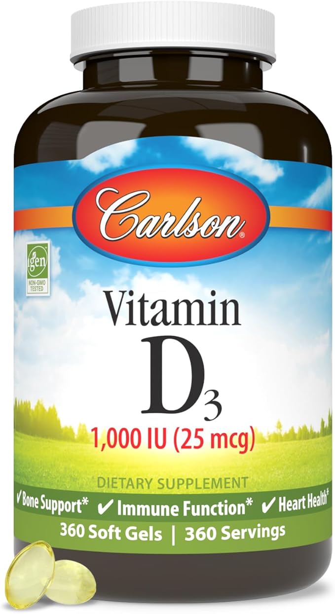 Carlson - Vitamin D3 1000 IU (25 mcg) Bone Health Muscle Health Cholecalciferol Vitamin D Supplements Vitamin D3 Soft Gels 360 Softgels