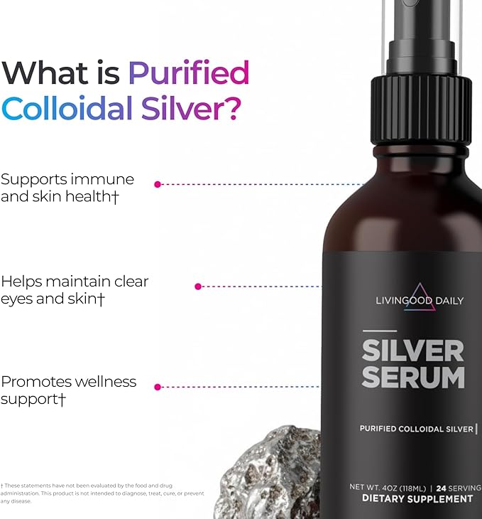 Livingood Daily Colloidal Silver Liquid Spray Purified Silver with Deionized Water for Daily Wellness Support Oral Hygiene Skin Care Throat &amp Sinus Health Vegan Gluten Free Non GMO 4 Oz Bo
