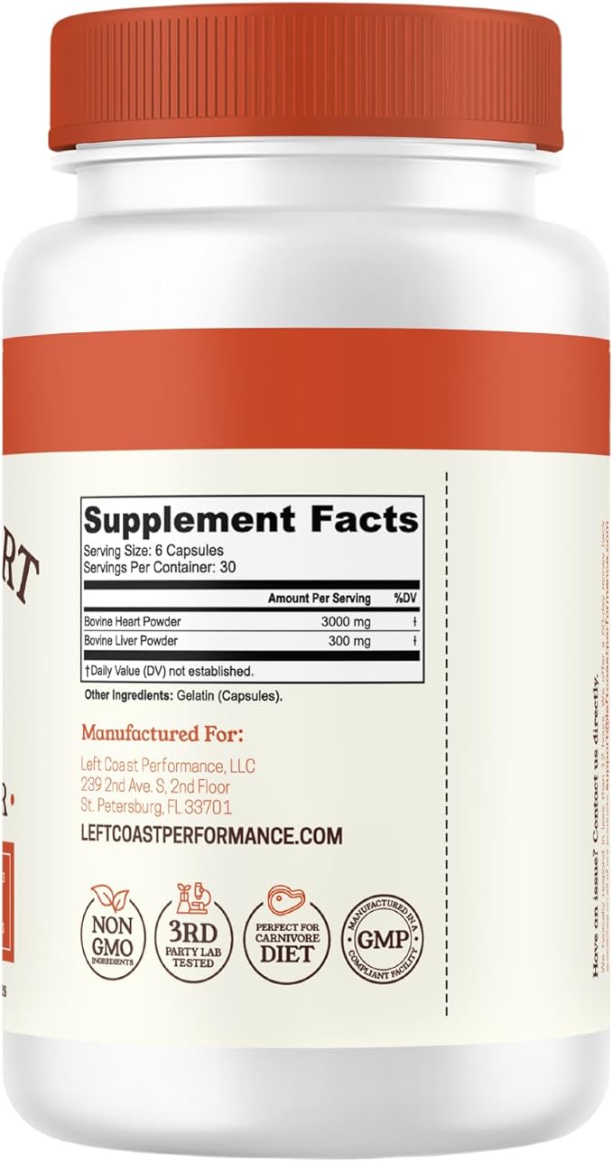 Left Coast Performance Grass Fed Beef Heart and Liver Supplement – Pasture-Raised in New Zealand No Fillers or Flow Agents – Natural CoQ10 &amp Iron Support - Beef Organ Supplement – 180 Capsules