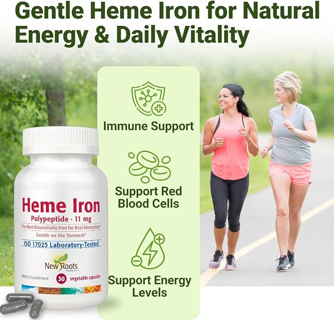 NEW ROOTS HERBAL Heme Iron Supplement | 4-in-1 Formula with Vitamin C B12 Folate for Best Absorption | Raise Hemoglobin &amp Ferritin for Women &amp Men Low-FODMAP (30 Capsules)
