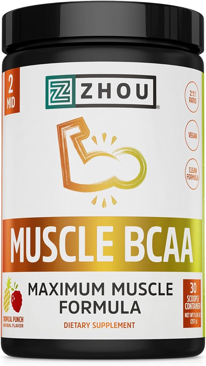 ZHOU Muscle BCAA - Vegan BCAA Powder BCAA Supplements for Men &amp Women Support Muscle Health Drink for Energy All Natural Branched Chain Aminos - Tropical Punch 11.6 oz (30 Servings)