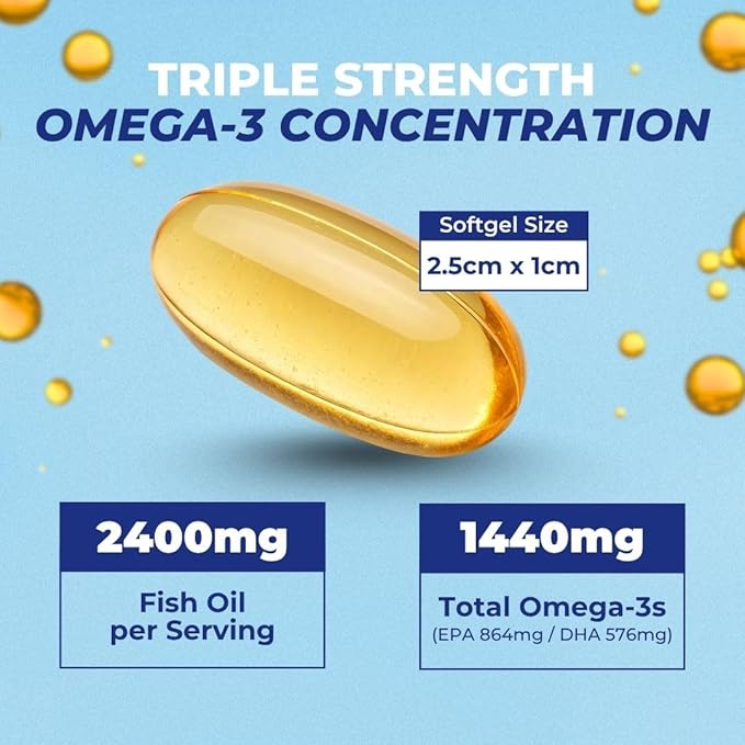 Vital Omega 3 Fish Oil Supplements 2400mg | 864mg EPA &amp 576mg DHA | 1440mg Total Omega-3 Fatty Acids | Promotes Brain &amp Heart Health | Non-GMO Gluten-Free Sugar-Free | Lemon | 30 Day Serving