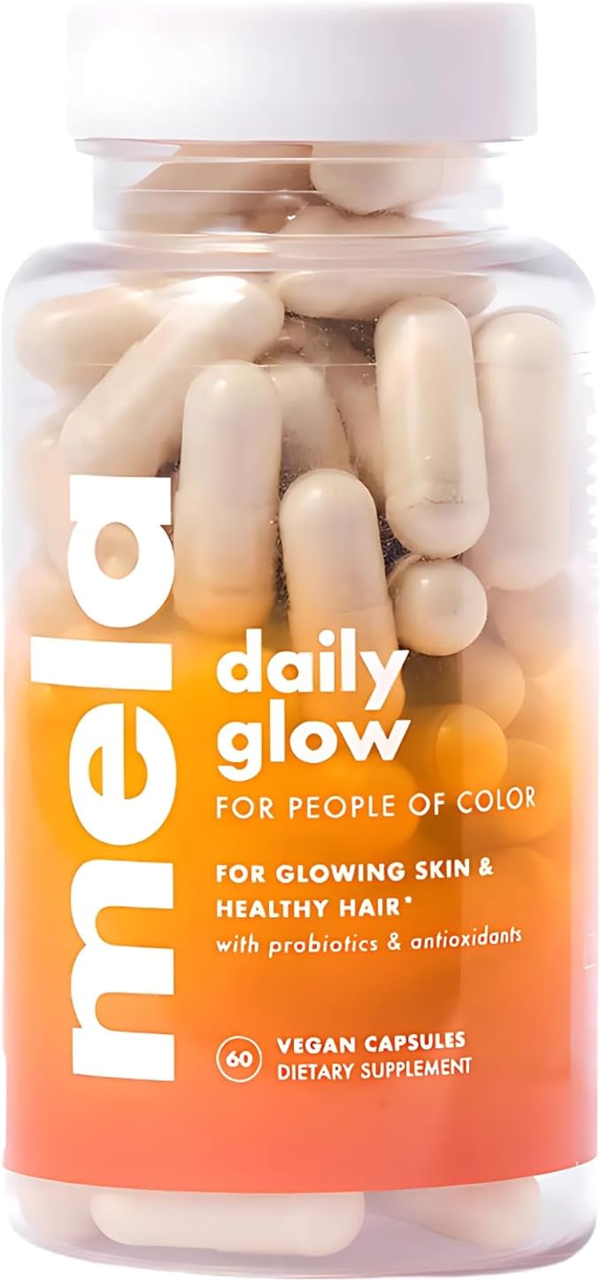 Mela Daily Glow for Healthy Melanin-Rich Skin &amp Textured Hair – with Silica Millet Pumpkin Seed Probiotics Hyaluronic Acid &amp Vitamin D3 – Vegan Biotin-Free Gluten &amp Soy-Free – 60 Cou