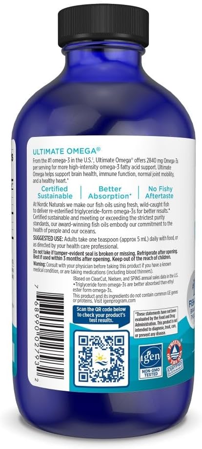 Nordic Naturals Ultimate Omega Liquid Lemon Flavor - 8 oz - 2840 mg Omega-3 - High-Potency Fish Oil Supplement with EPA &amp DHA - Promotes Brain &amp Heart Health - Non-GMO - 48 Servings