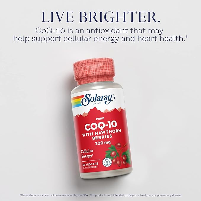SOLARAY Pure CoQ-10 200 mg | Healthy Heart Function &amp Cellular Energy Support | Enhanced with Herb Blend | 30 VegCaps