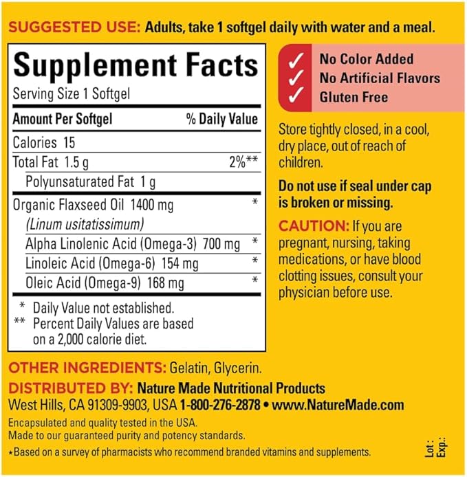 Nature Made Organic Flaxseed Oil 1400 Mg 700Mg Omega 3 100 Liquid Softgels 3 Pack