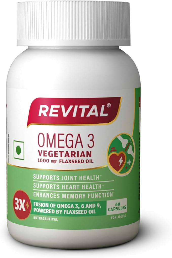 Revital Omega 3 Vegetarian 1000mg Flaxseed Oil |Supports Joint Health Heart Health and enhances Memory Function | Fusion on Omega 36 and 9 |Plant-Powered| 60 Capsules