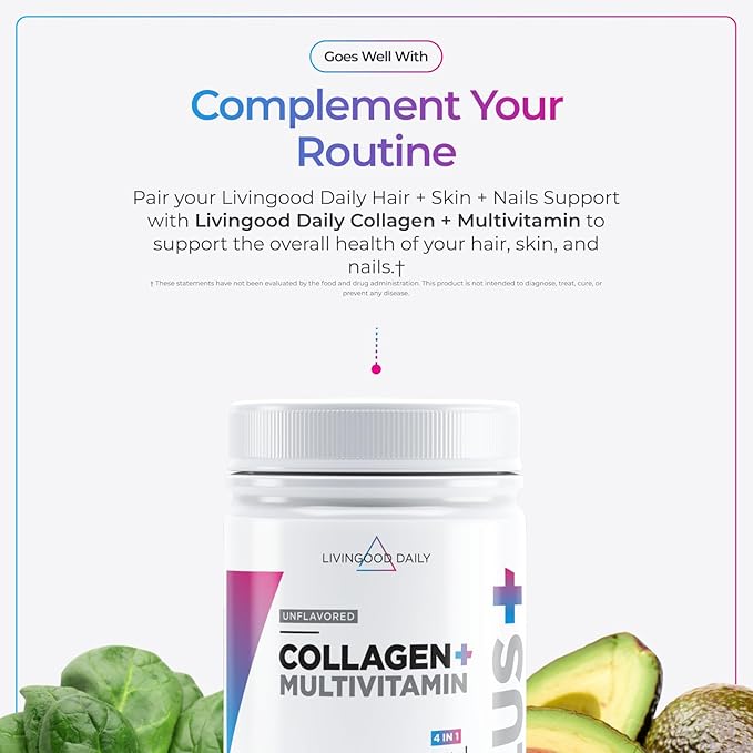 Livingood Daily Hair Skin &amp Nails Supplement 14-in-1 Formula with Biotin Collagen Keratin Bamboo Selenium Folate B12 Zinc and More Beauty Supplement for Women &amp Men Gluten Free 60