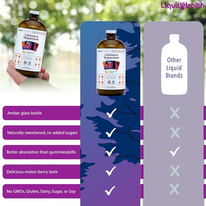 LIQUIDHEALTH Calcium &amp Magnesium Adult Liquid Vitamin Supplement - Bone Joint Muscle Connective Tissue Support Heart Health Essential Nutrients - Made in USA Vegan Non GMO No Sugar (2 Pack