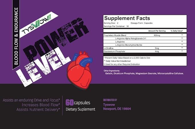 Power Level - Maximize Blood Flow for Extended Nutrient Delivery - L-Argenine - Help Your Body Deliver nutrients for Long Term Energy and Stamina