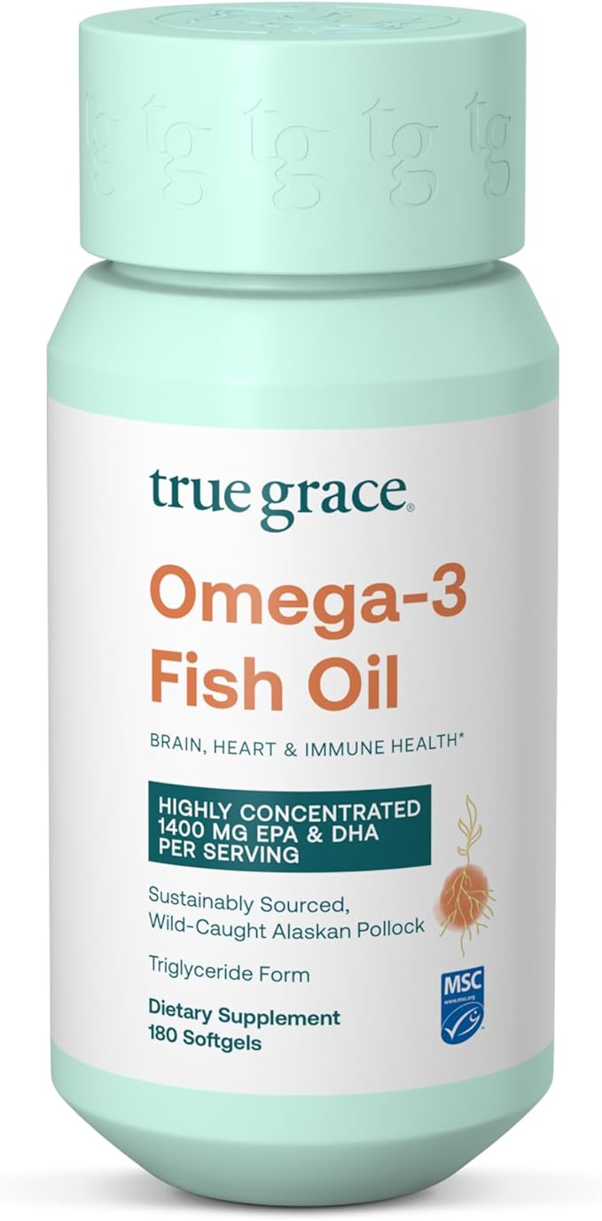 True Grace Omega-3 Fish Oil - 180 Softgels - 1400 mg EPA + DHA - Brain Heart Joint &amp Immune Health - Organic Gluten Free Soy Free