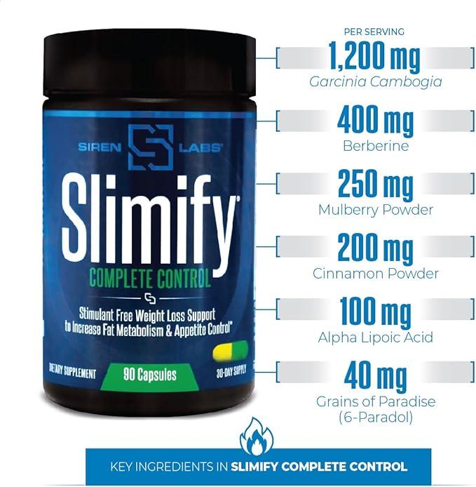 SLIMIFY Complete Control Stimulant-Free Weight Loss Supplement - Supports Metabolism Appetite Control &amp Energy Boosting Appetite Suppressant Belly Fat Burner - 60 Capsules
