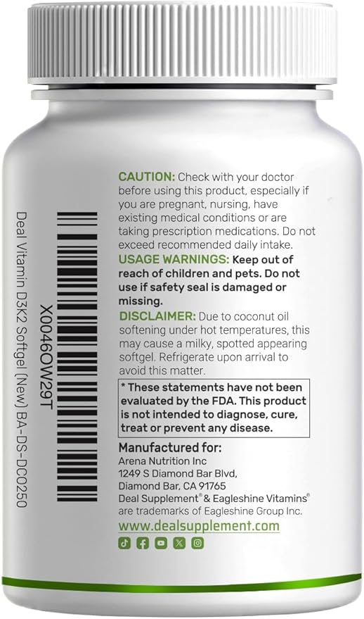 DEAL SUPPLEMENT Vitamin D3 5000 IU + K2 MK7 100mcg Softgels | 2-in-1 Complex with Virgin Coconut Oil | Supports Heart Bone Teeth &amp Immune Health | Easy to Swallow