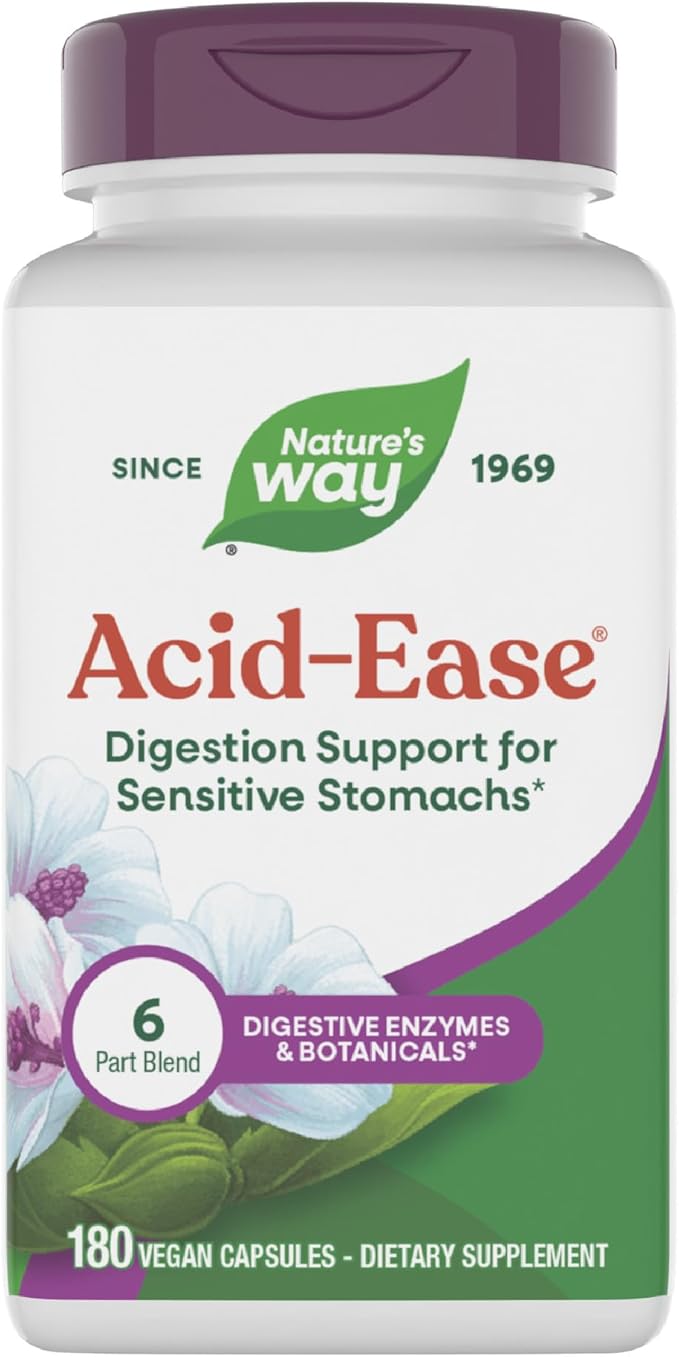 Nature's Way Acid Ease Digestive Support Supplement for Sensitive Stomachs* Marshmallow Root Extract Slippery Elm Bark Digestive Enzymes 180 Vegan Capsules (Packaging May Vary)