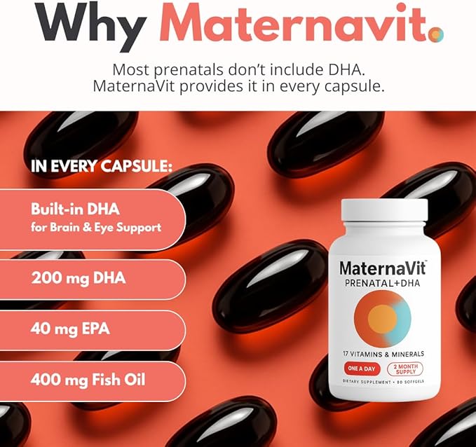 MaternaVit 1 a day Prenatal vitamins for women 2 month: Folic acid Fish Oil Omega 3 DHA/EPA Vitamin D3 B6 Vitmain B12 C E Calcium Iron Magnesium Zinc supplement FSA eligble multivitamin