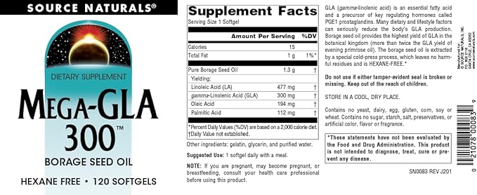 Source Naturals Mega-GLA 300 - Borage Seed Oil That is Hexane-Free - 120 Softgels