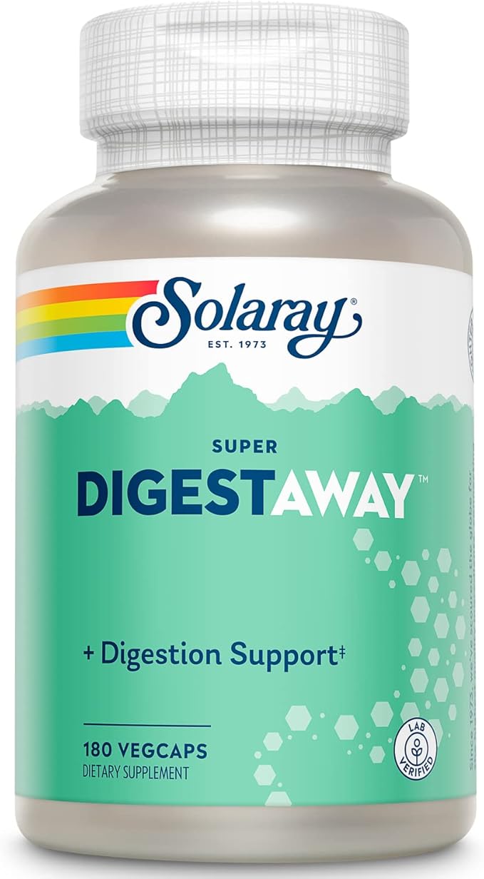 SOLARAY Super Digestaway Digestive Enzymes - Pancreatin Papain Ginger Pepsin Betaine HCl Aloe Vera and More - Digestion &amp Nutrient Absorption Support - Lab Verified - 180 VegCaps