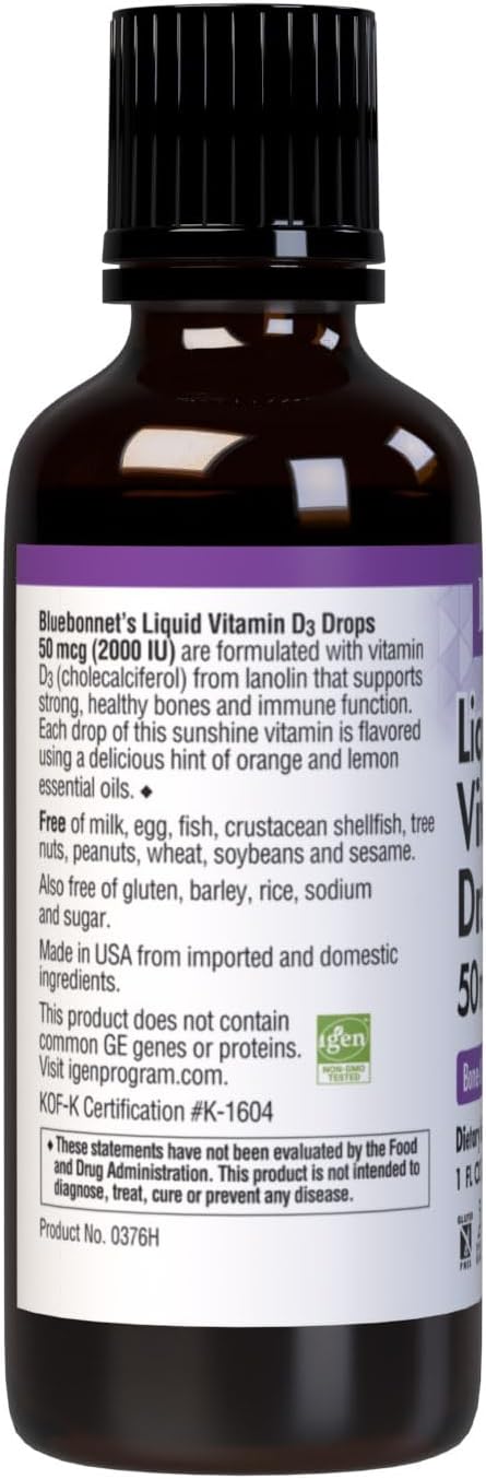 Bluebonnet Vitamin D3 2000IU 50mcg Strong Bones &amp Immune Support Supplement - Liquid Vitamins for Women &amp Men - Lanolin Vit D Drops with MCT Oil - Non-GMO Vegetarian - Citrus Flavor - 1 Fl Oz