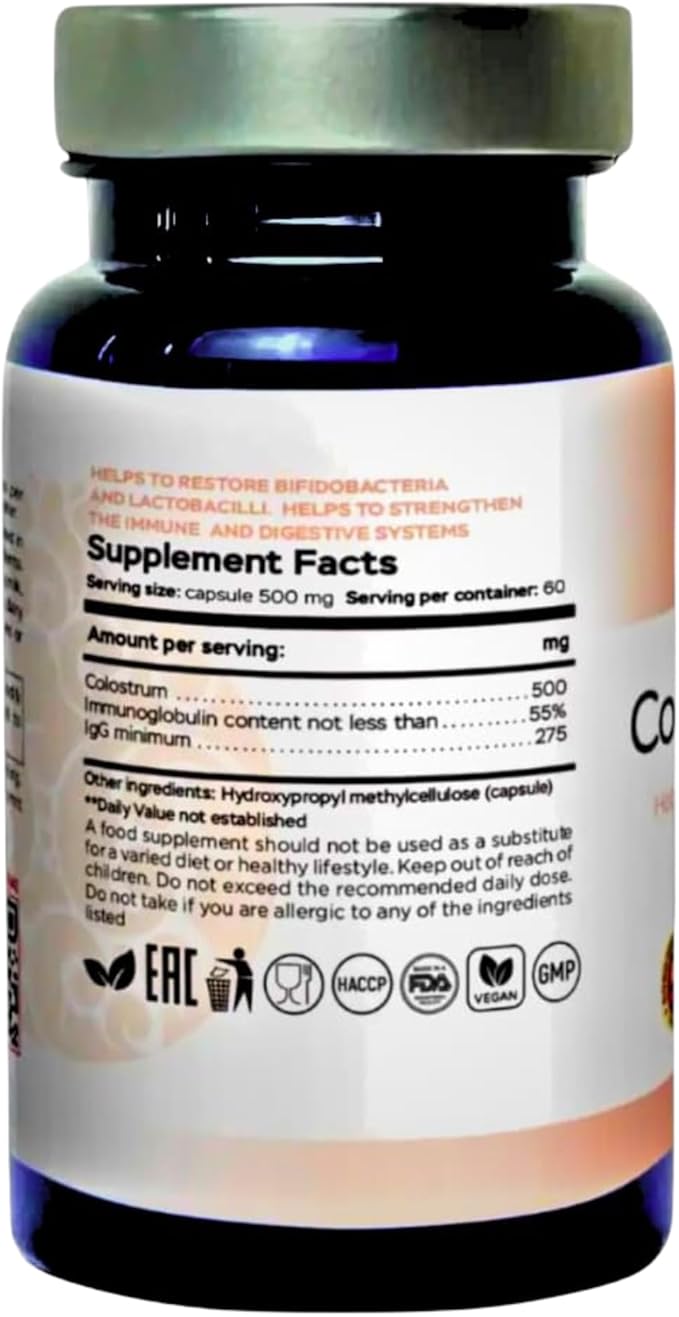 Colostrum IgG≥55% Extra Premium – 500 mg Per Capsule | High-Potency Gut Health Support | Non-GMO &amp Vegan Capsules