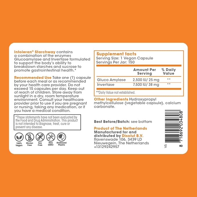 Intoleran Starchway Digestive Enzymes - 150 Capsules Supplement for Starch &amp Sucrose | Helps Digest Sugars &amp Starchy Foods | Invertase &amp Gluco-Amylase Enzymes | Pure &amp Vegan | Low FODM
