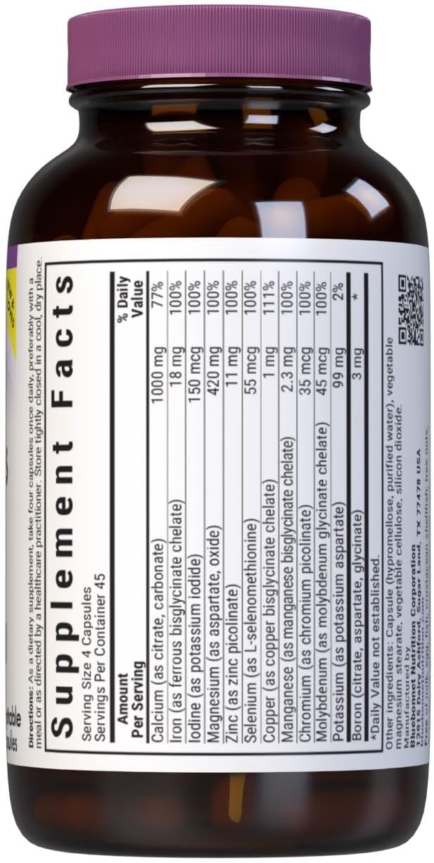 Bluebonnet Nutrition Multiminerals &amp Boron with Iron Full Spectrum Bone Health* Non-GMO Kosher Certified Gluten-Free Soy-Free Dairy-Free 180 Vegetable Capsules 45 Servings
