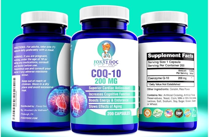 CoQ10 - Co-Enzyme Q10-200 mg -High Absorption - 400 mg per 2 caps - Non-GMO - Gluten Free - 200 Veg. Caps - Heart &amp Cellular Support - Made in USA by Foxxy Doc