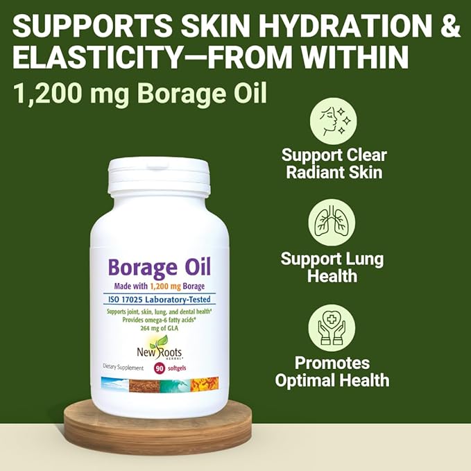 NEW ROOTS HERBAL Borage Oil Supplement 1200 mg | Organic Borage Seed Oil Cold-Pressed (90 softgels) GLA Supplement (264mg) with Linoleic Acid (444mg) | 100% Hexane-Free