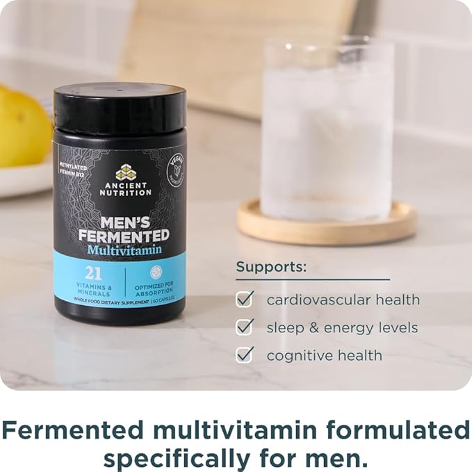 Ancient Nutrition Multivitamin for Men Men's Fermented Multivitamin with Methylated Vitamin A C D E K Zinc &amp Magnesium Immune Support Vegan 60 Ct