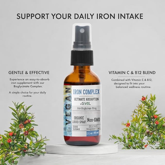Iron Supplement - 18mg Bisglycinate Complex with Vitamin C &amp B12 Liquid Spray Easy Absorption - Non-GMO Sugar-Free 2 Fl Oz (60 ml) - 60 Days Supply