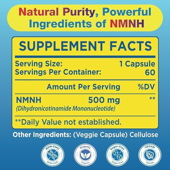 NMNH (NMN Supplement Alternative) NAD Supplements for Anti Aging Energy Immune Focus (Dihydronicotinamide Mononucleotide) 500mg to Boost NAD+ Levels As We Age Pure Organic - 60 Capsules