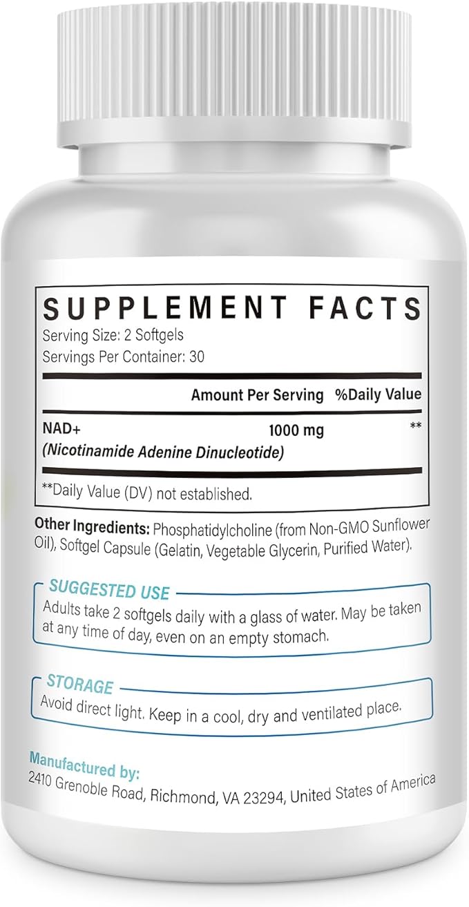 Liposomal NAD+ 1000 mg Supplement | High Bioavailability Liposomal Delivery | Cellular Energy &amp Wellness Support | Pure NAD+ Dietary Supplement for MenWomen 120 Softgels
