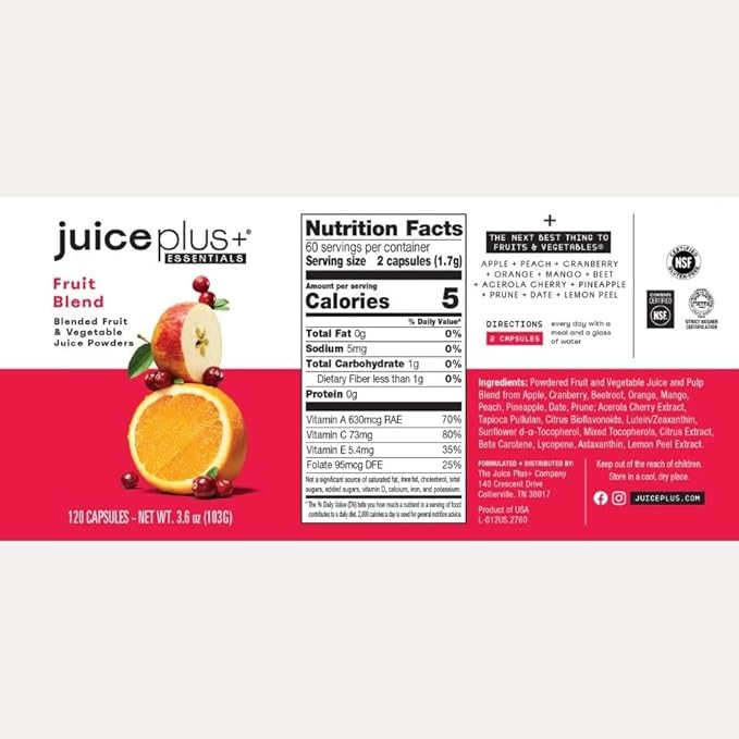 JuicePlus+ Fruit Blend: Plant-Based Whole Food Supplement with Apple Peach Cranberry &amp More! - Vegan Gluten-Free Non-GMO Kosher - Packed with Plant-Based Vitamins - 1 Bottle (60 Servings)