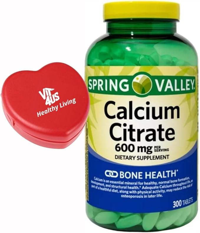 Spring Valley - Calcium Citrate Bone Health Supplement 600mg 300 Count (1) + ViT4 Pill Box.